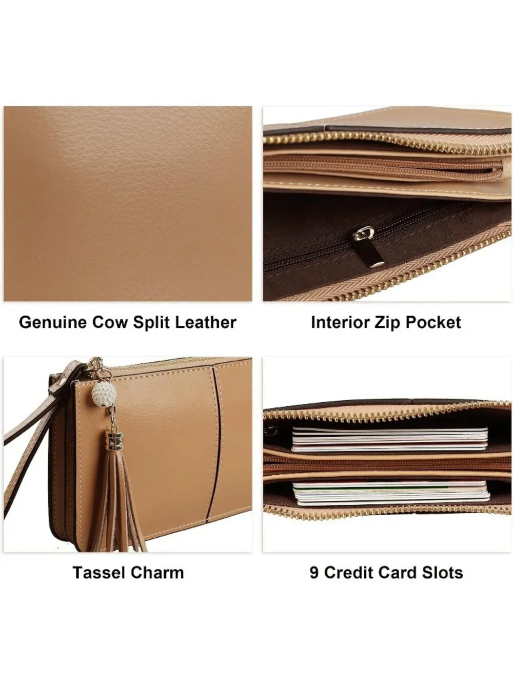 Women's Tan Brown Leather Wristlet Clutch Wallet redit Card Holder Purse